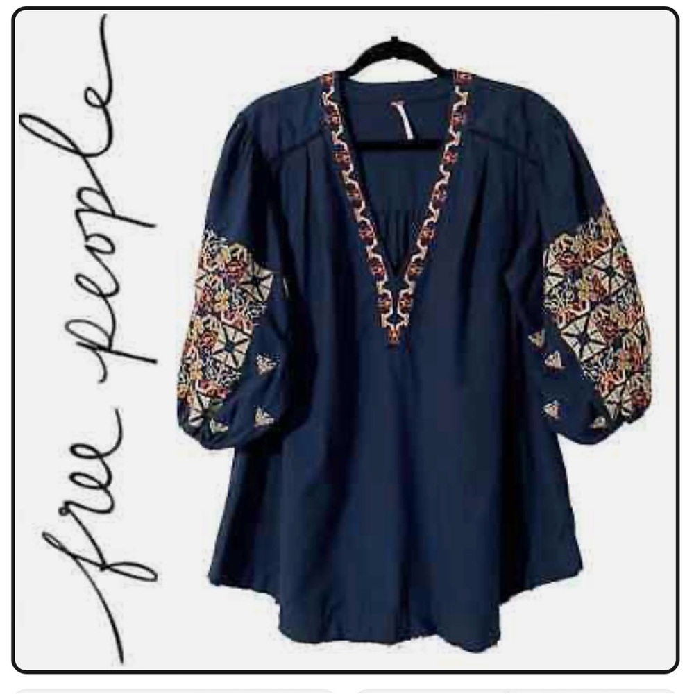 Free People Blue Puff Sleeve Embroidered Blouse